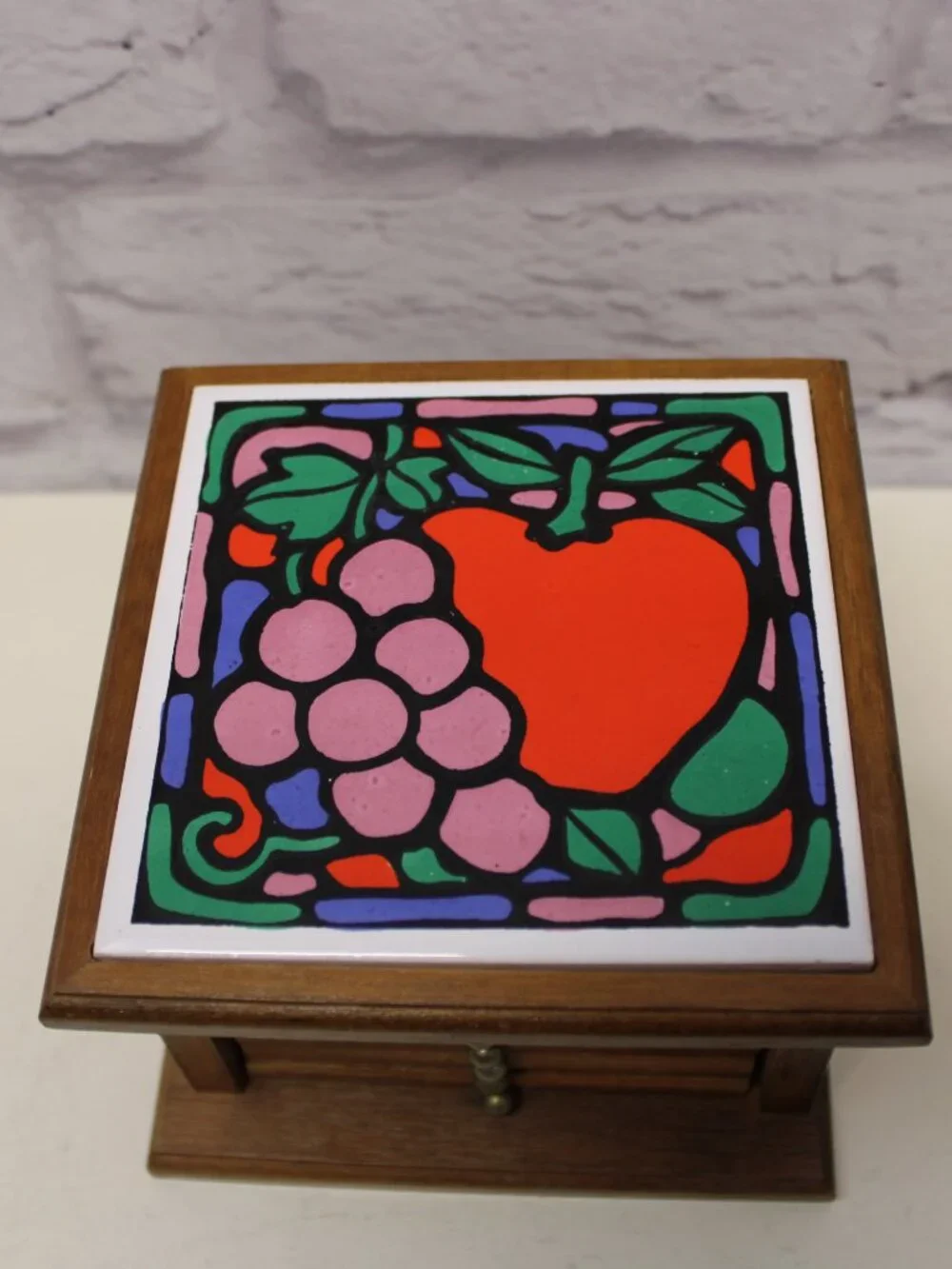 Vintage 1970s Fruit Themed Wooden Dresser Style Storage Coaster Set Box